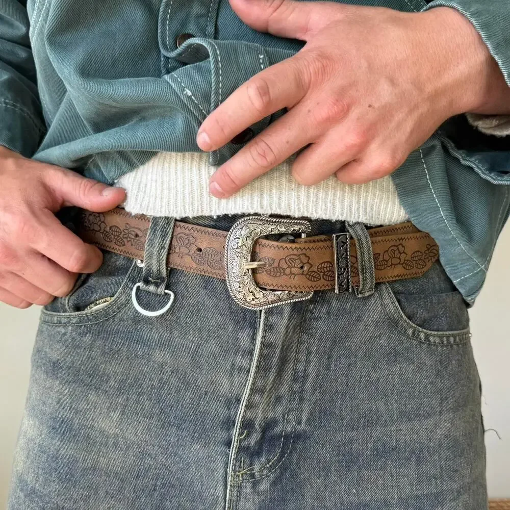 Y2K Brown Leather Belt Silver Buckle Adjustable Unisex Vintage New